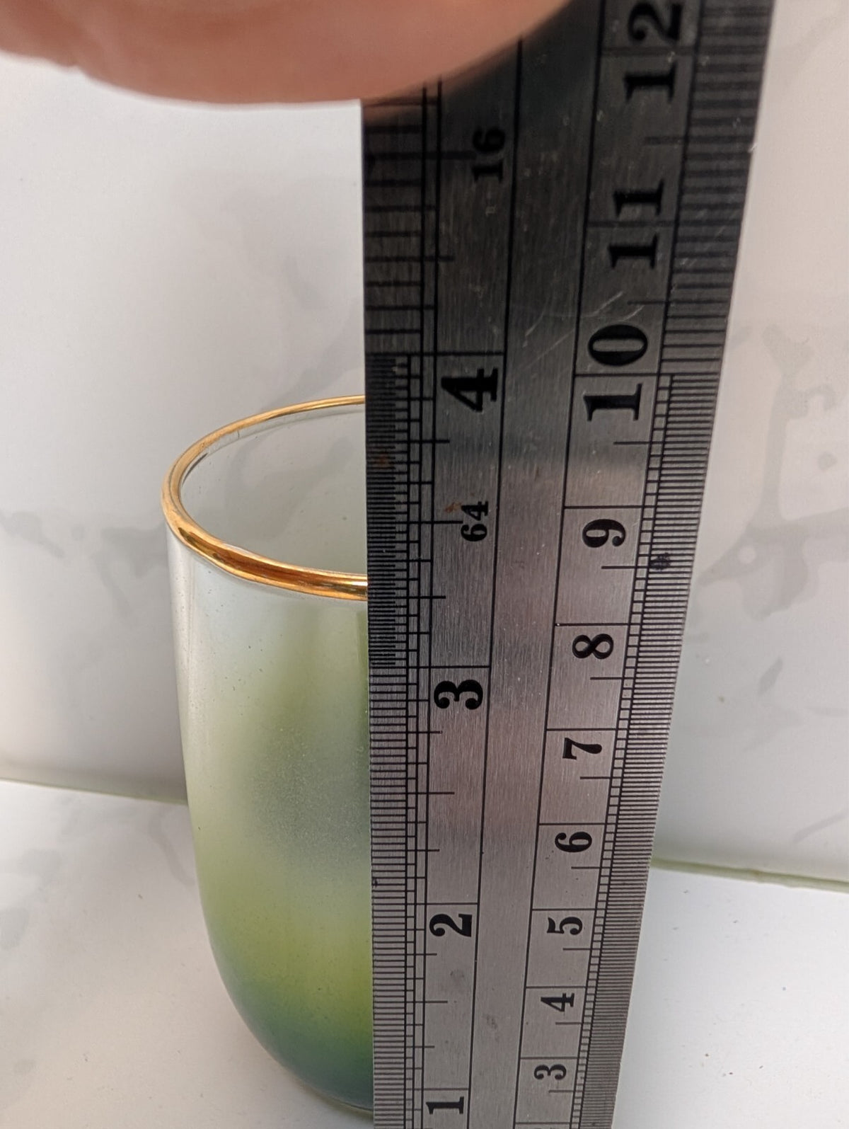 Vintage Blendo Green Yellow Ombre Pitcher & 4 Tumblers Gold Trim MCM Glass