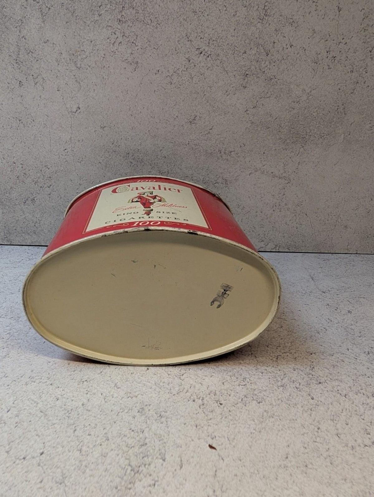 Vintage Cavalier Red Metal Tin 100 Count Round Storage Container Lid