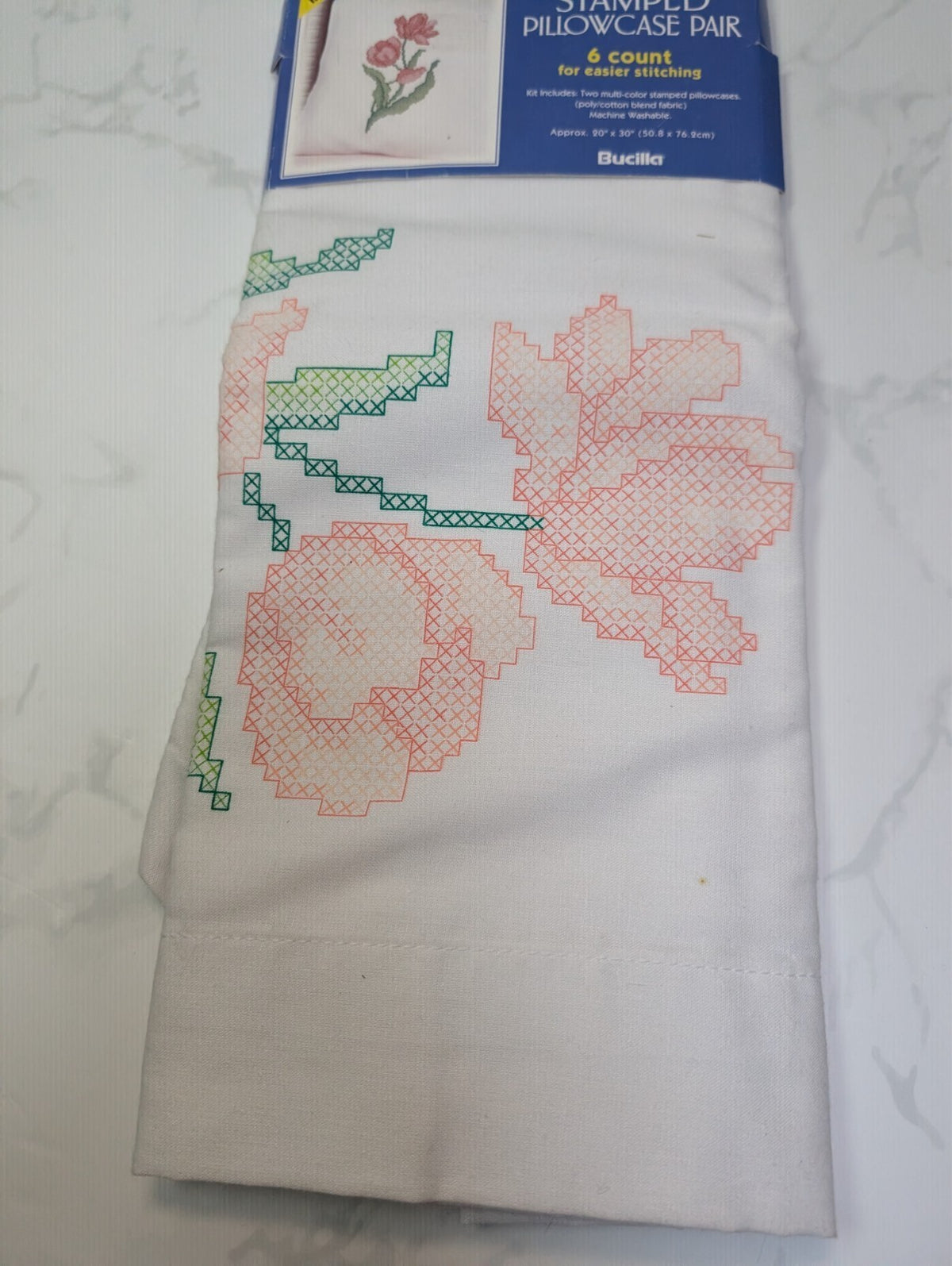 Vintage Bucilla Stamped Pillowcase Pair & WonderArt Bear Birth Sampler Kit Lot