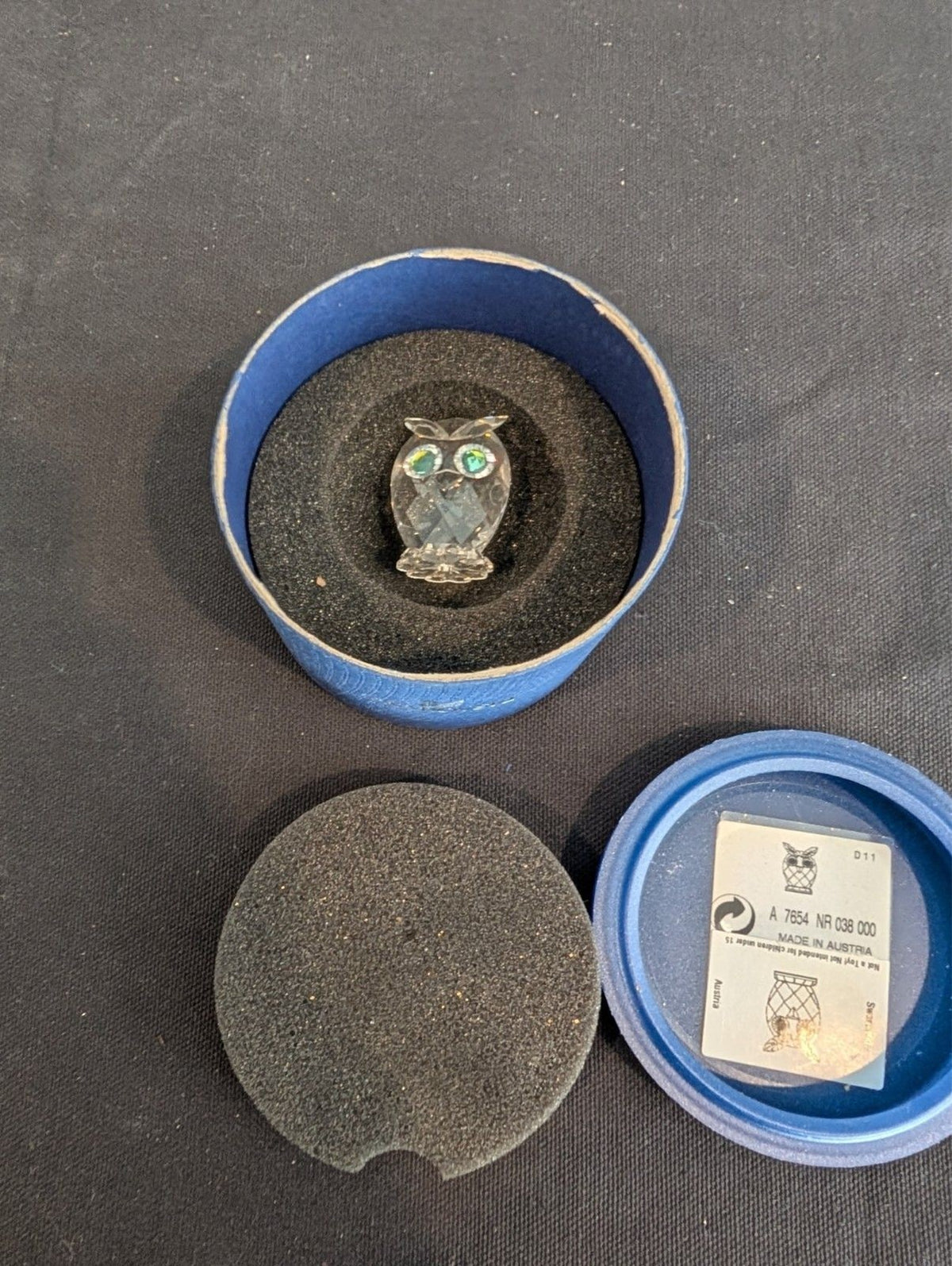 Swarovski Crystal Mini Owl Figurine Green Eyes w Original Box Austria
