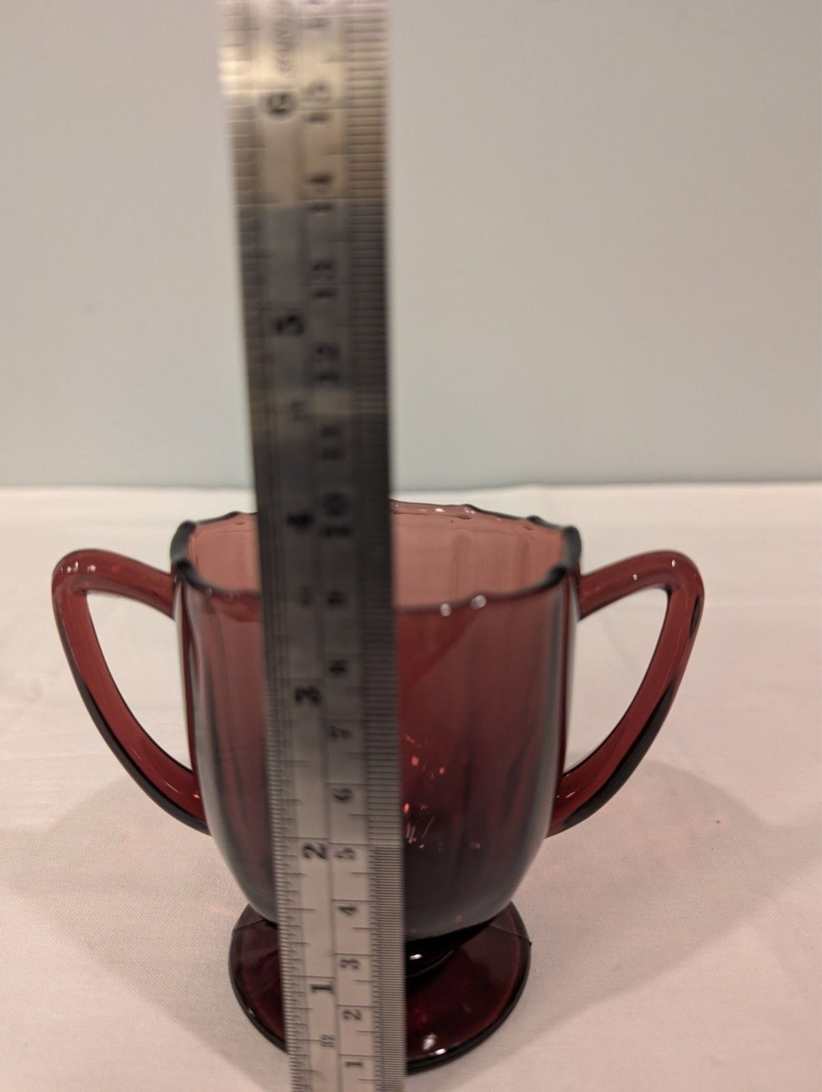 Vintage Amethyst Glass Sugar & Creamer Set — Scalloped Rim — Pedestal Base — MCM