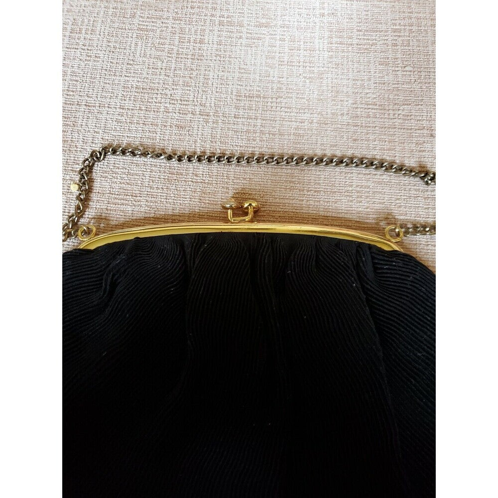 Vintage Black Fabric Evening Purse/Clutch with Gold Clasp/Chain - Unbranded