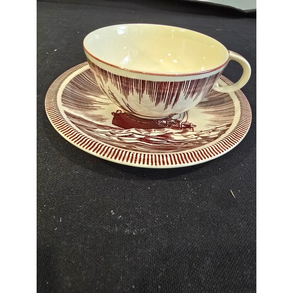 Rockwell Kent Moby Dick Cup & Saucer Set – Vernon Kilns – Brown– 1940s Vintage