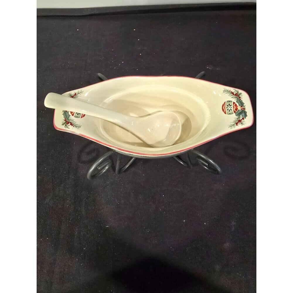 Pfaltzgraff Holiday Garland Divided Serving Bowl with Metal Stand & Ladle