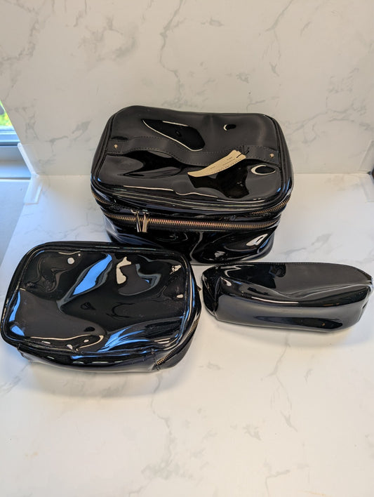 Bergdorf Goodman Black Patent Cosmetic Train Case 3-Piece Set NWT