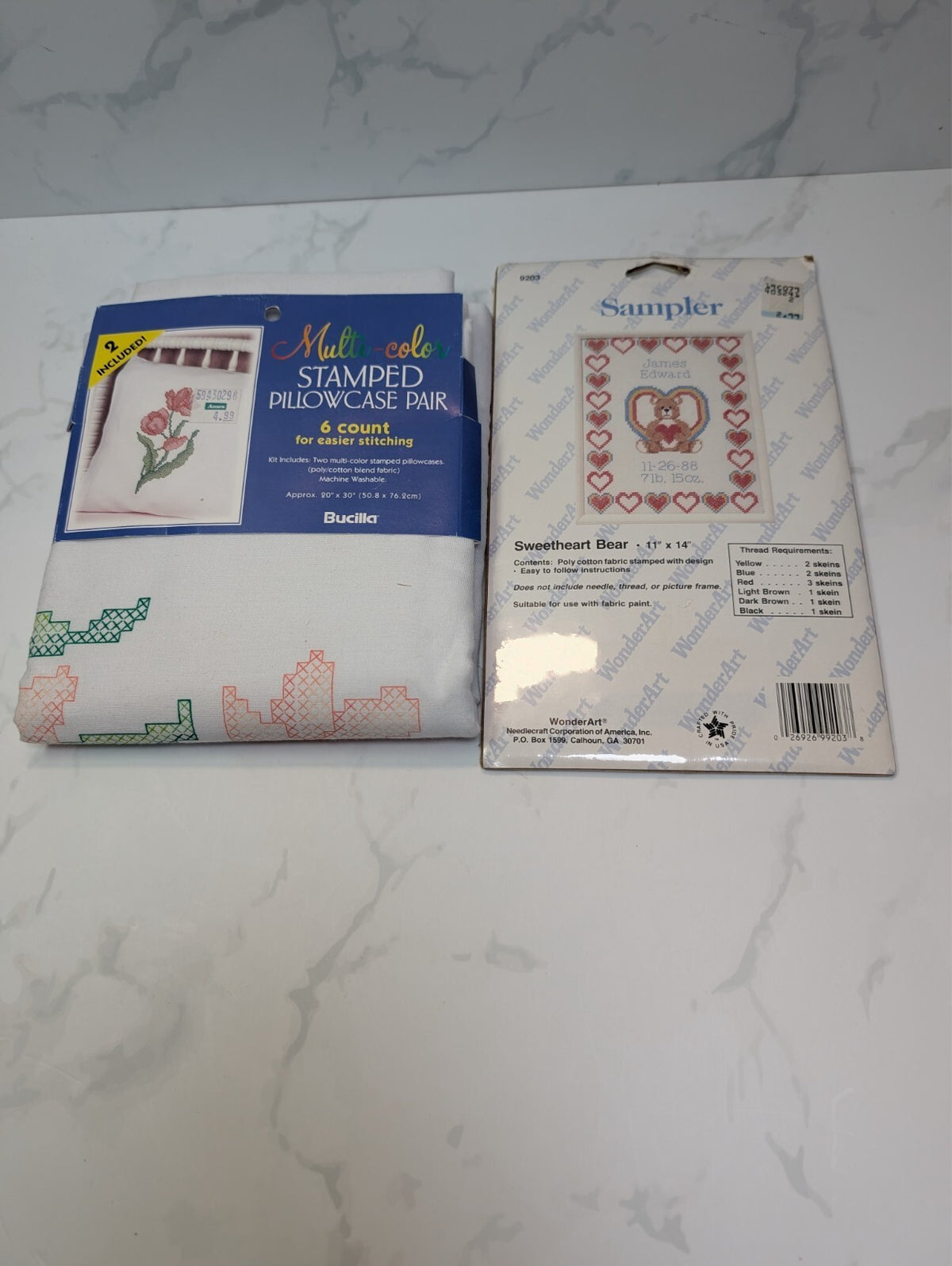 Vintage Bucilla Stamped Pillowcase Pair & WonderArt Bear Birth Sampler Kit Lot