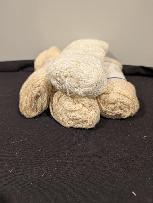 4 Skeins Vintage Fox Brand Sporty-Glow Yarn White Gold Metallic Virgin Wool 8 oz