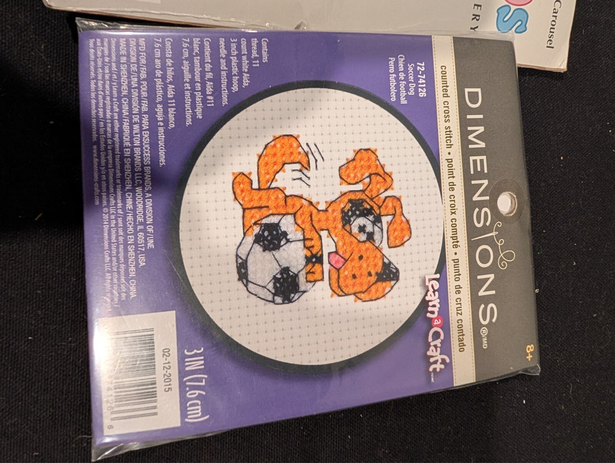 3 Mini Cross Stitch Kits Dimensions Soccer Dog Janlynn Tractor Cuddle Ups