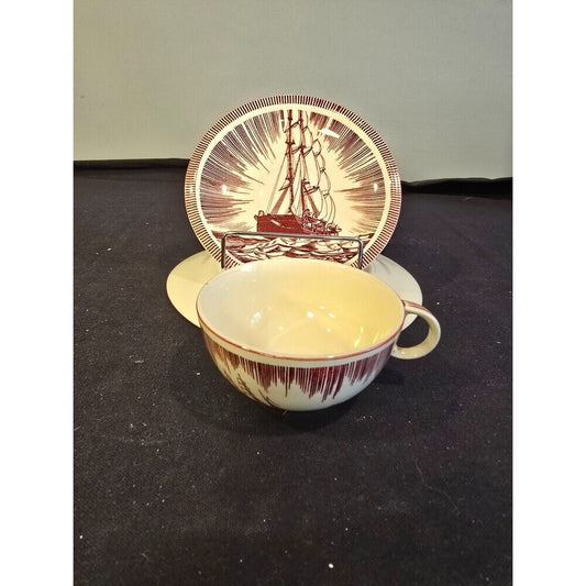 Rockwell Kent Moby Dick Cup & Saucer Set – Vernon Kilns – Brown– 1940s Vintage