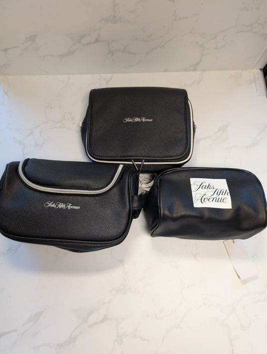 Saks Fifth Avenue Black Saffiano Travel Toiletry Bag Silver-Tone Hardware