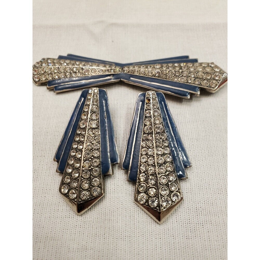 Vintage Art Deco Rhinestone and Blue Enamel Earrings and Pin Brooch