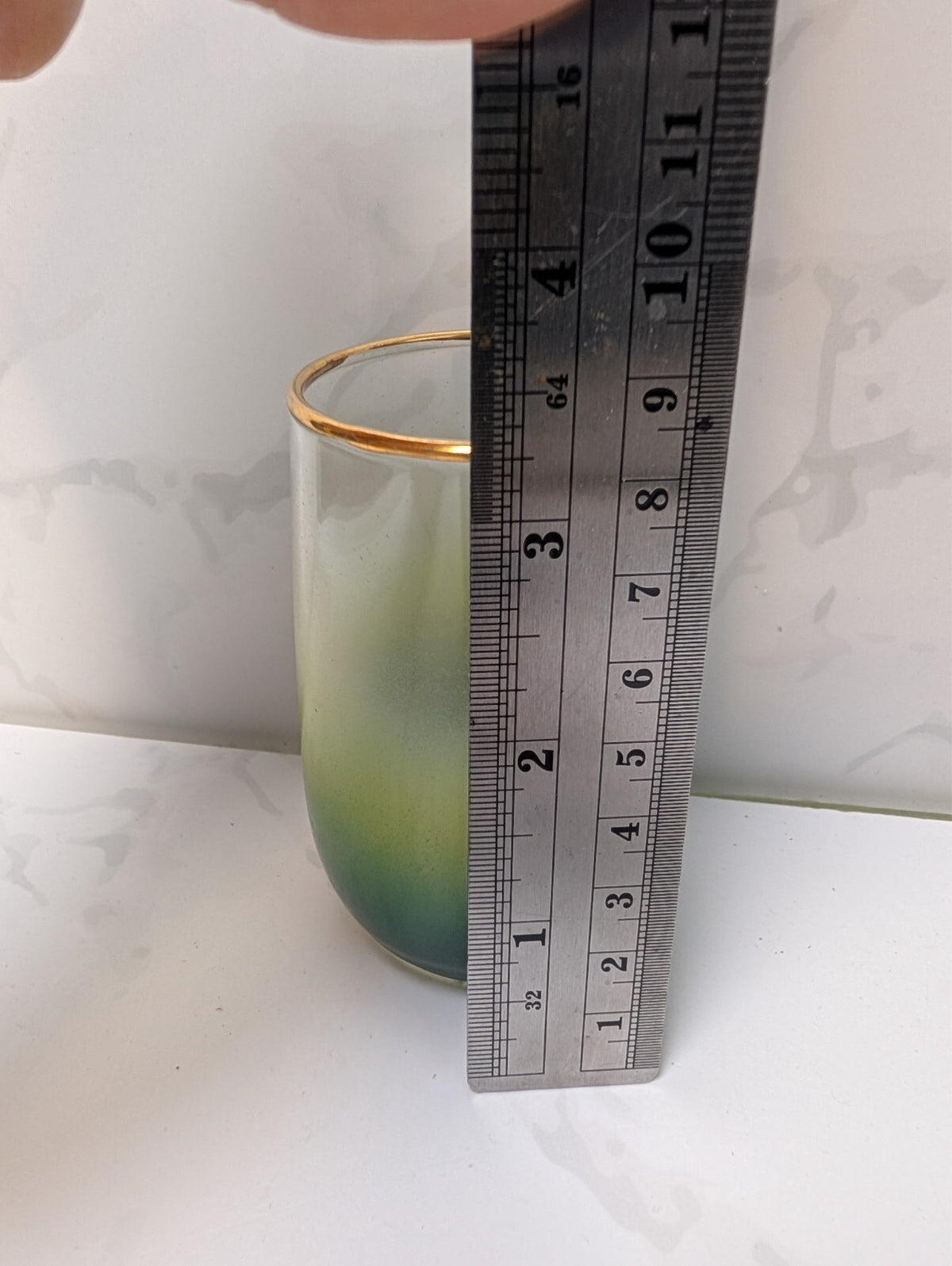 Vintage Blendo Green Yellow Ombre Pitcher & 4 Tumblers Gold Trim MCM Glass