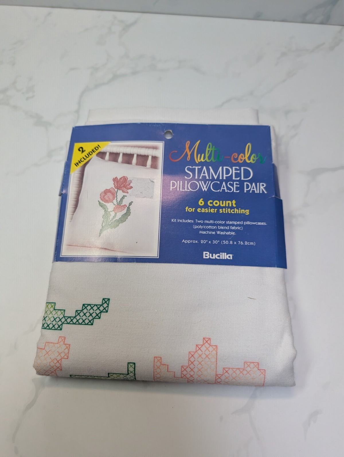 Vintage Bucilla Stamped Pillowcase Pair & WonderArt Bear Birth Sampler Kit Lot