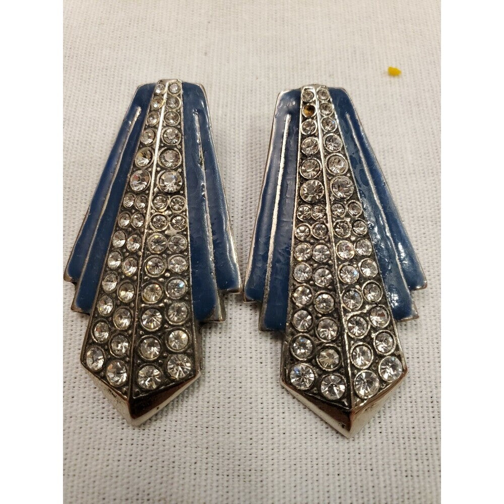 Vintage Art Deco Rhinestone and Blue Enamel Earrings and Pin Brooch
