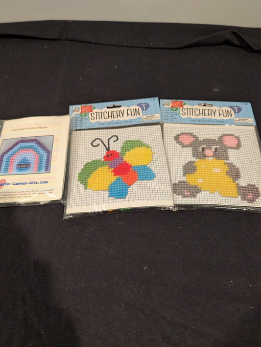 3 Mini Plastic Canvas Kits Nicole Stitchery Fun Butterfly Mouse Easter Rainbow