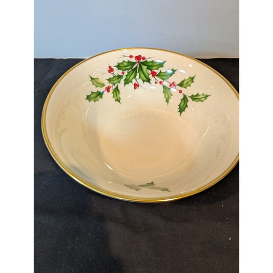 Lenox Holiday Large 9.5" Serving Bowl Ivory Porcelain Holly Berry Gold Trim