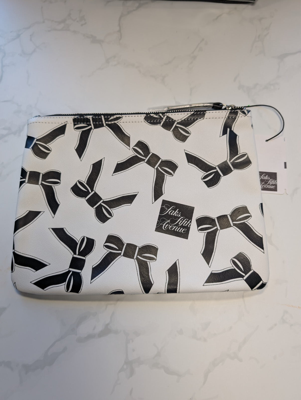 Saks Fifth Avenue Black & White Bows Cosmetic Pouch NWT