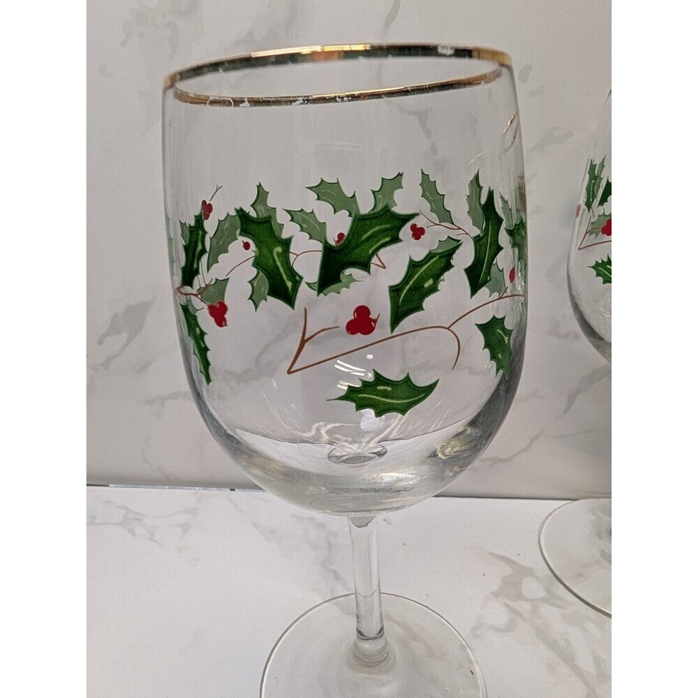Lenox Holiday Dimension Holly Berry 10 Oz Goblets Set of 4 Thick Gold Band