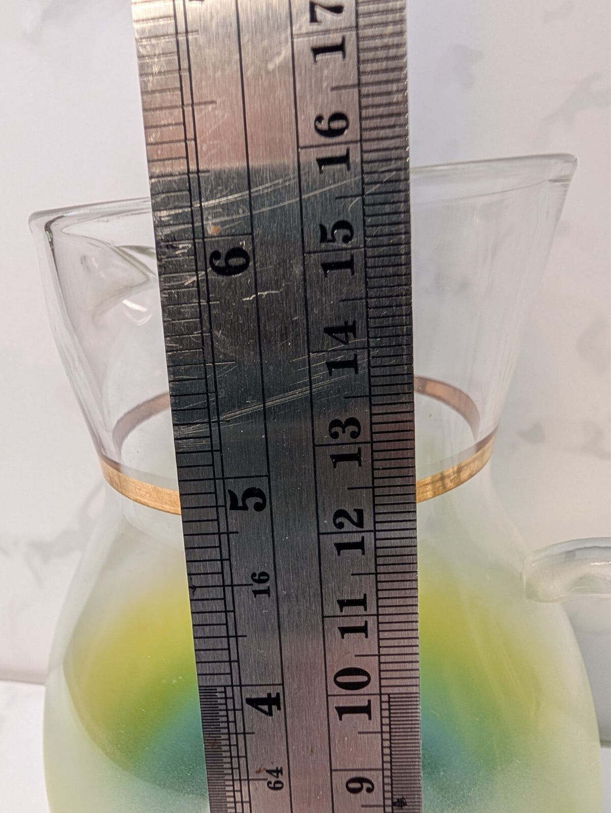 Vintage Blendo Green Yellow Ombre Pitcher & 4 Tumblers Gold Trim MCM Glass