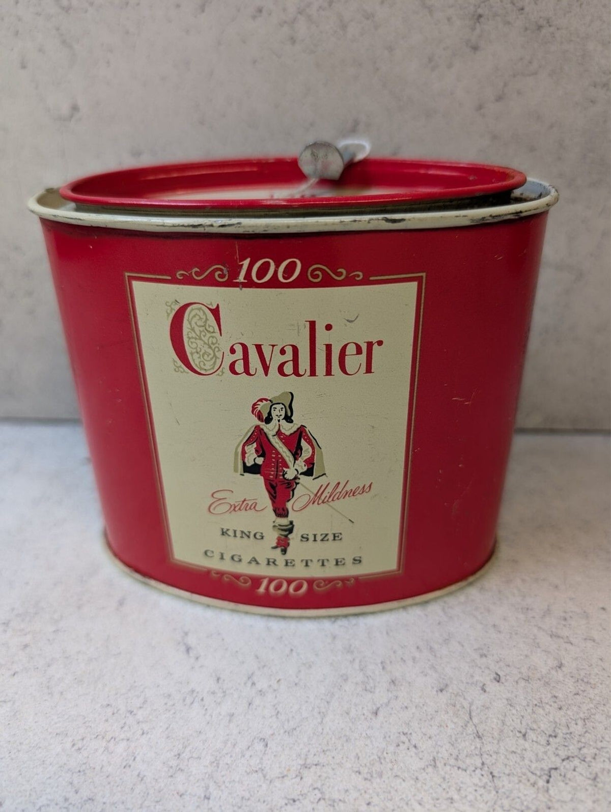 Vintage Cavalier Red Metal Tin 100 Count Round Storage Container Lid