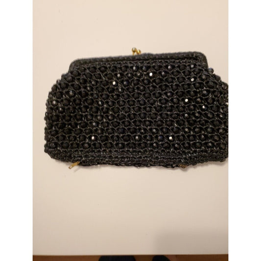 Vintage Black Rafia and Beaded Bag/Purse Gold Kiss Clasp Top and Zipper Bottom