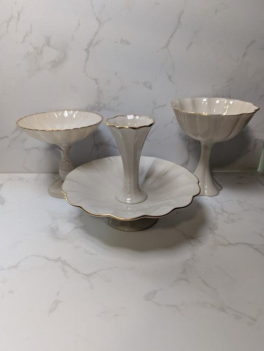 Vintage Lenox Ivory Gold Trim Centerpiece Lot Epergne & 2 Compote Bowls USA