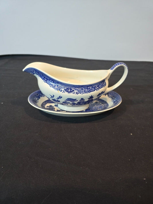 Johnson Bros Willow Blue Gravy Boat & Underplate Relish Dish Recent Version