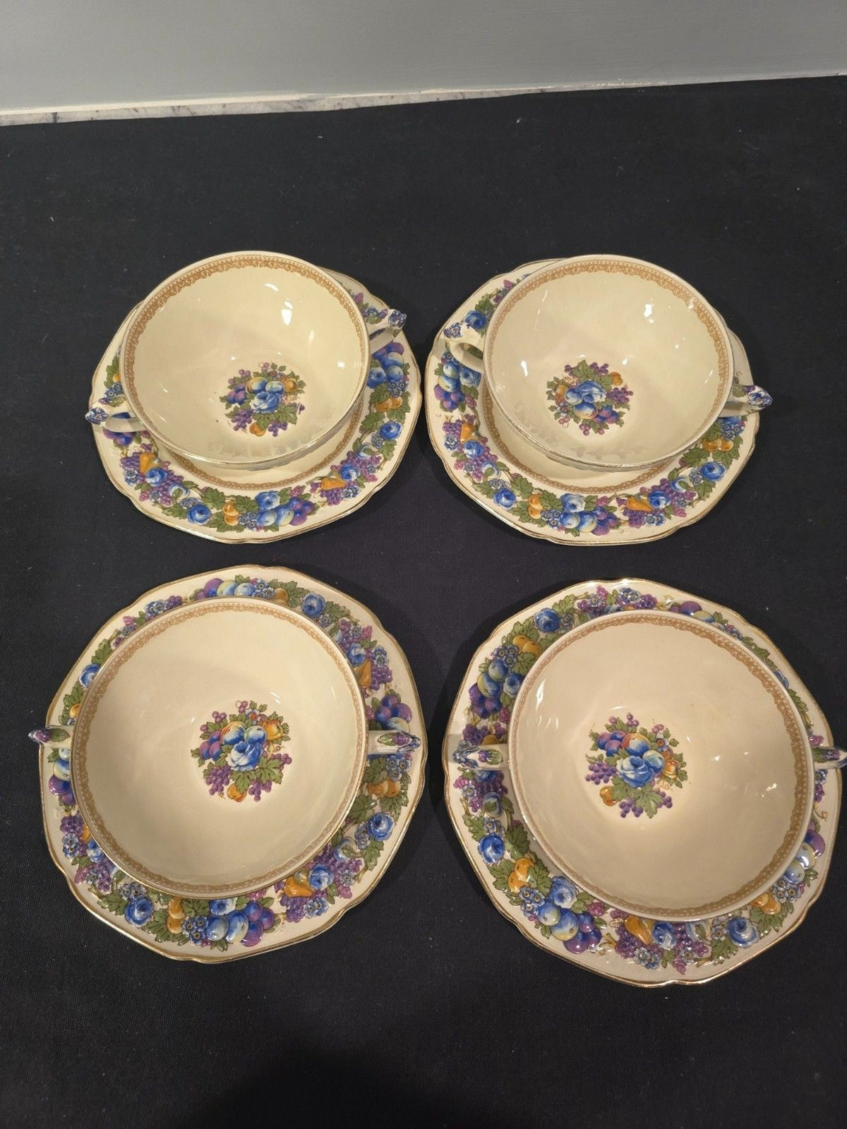 Crown Ducal "Florentine" Cream Soup Bowls with Underplates – Set of 4