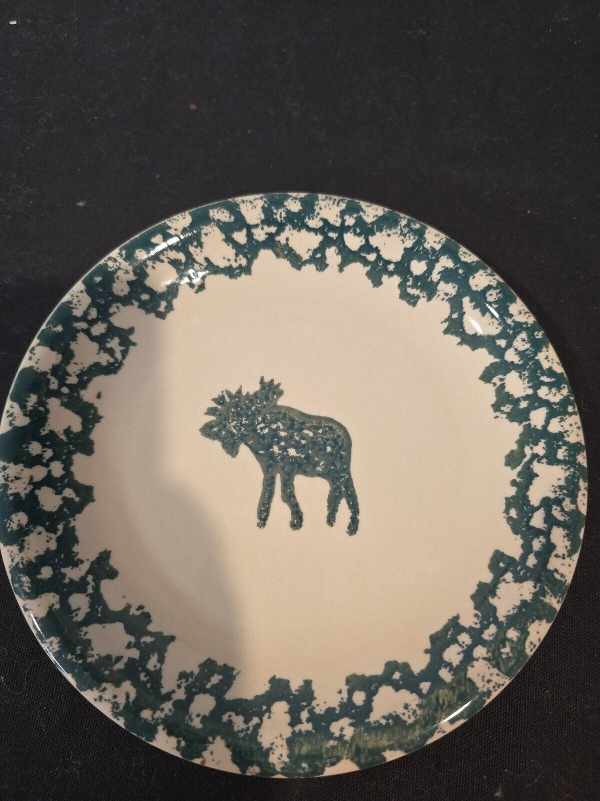 3 Tienshan Folk Craft Moose Country 7 3/4" Salad Plates Forest Green StoneWare