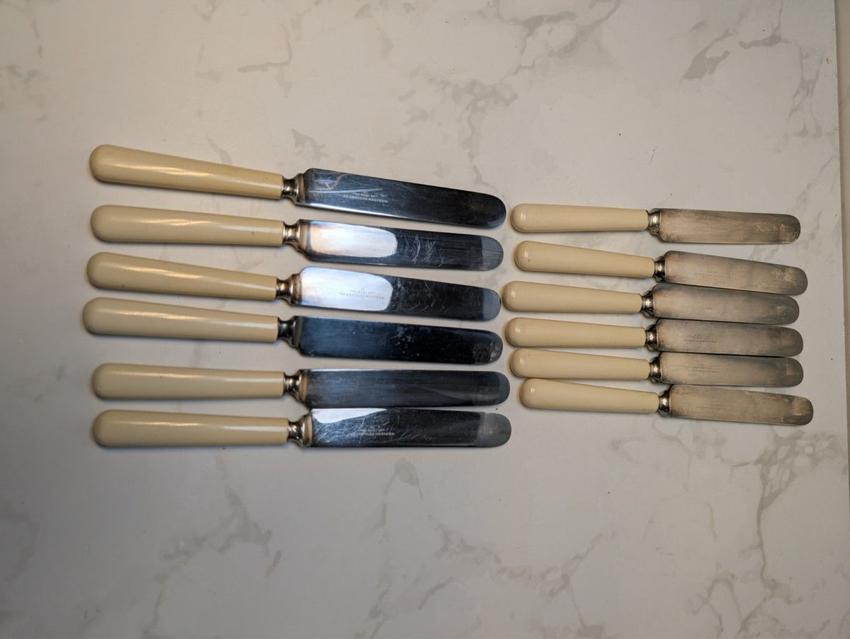 Antique Meriden Cutlery Celluloid Patent Ivory Dessert Knives Boxed 12