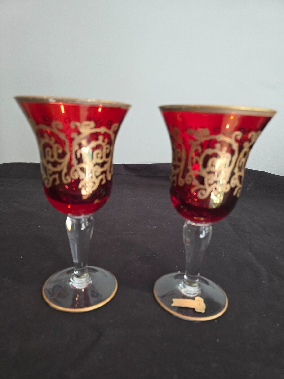 SET of 2 Interglass Italy Red & Hand Painted 24K Gold Water/Wine Glasses