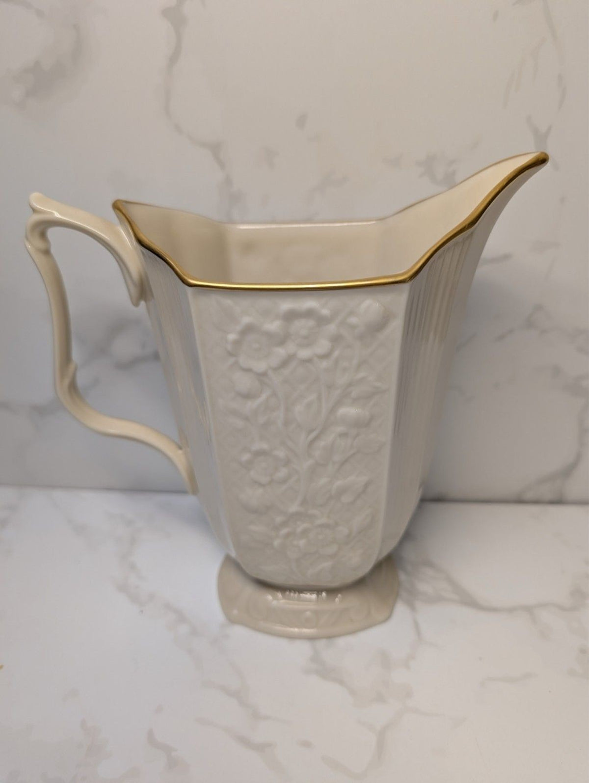 Lenox Ivory Gold Trim Small Pitcher 24 Oz USA Embossed Leaf Pattern