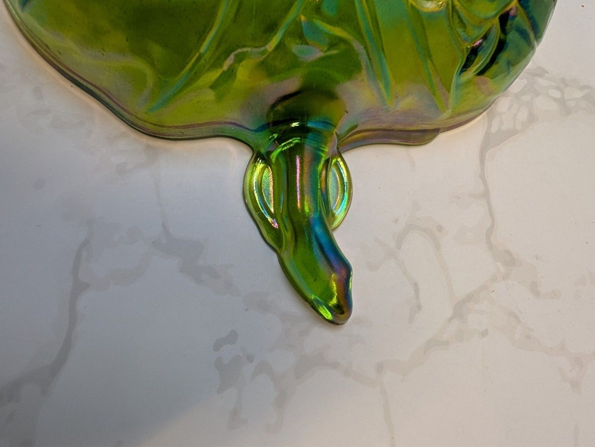 Indiana Glass Harvest Grape Olive Green Carnival Glass Leaf Candy Dish Bowl