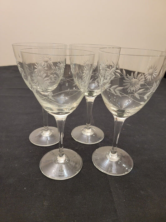 Vintage Etched Daisy/Sunflower Water/Wine Goblets Glasses Set of 4