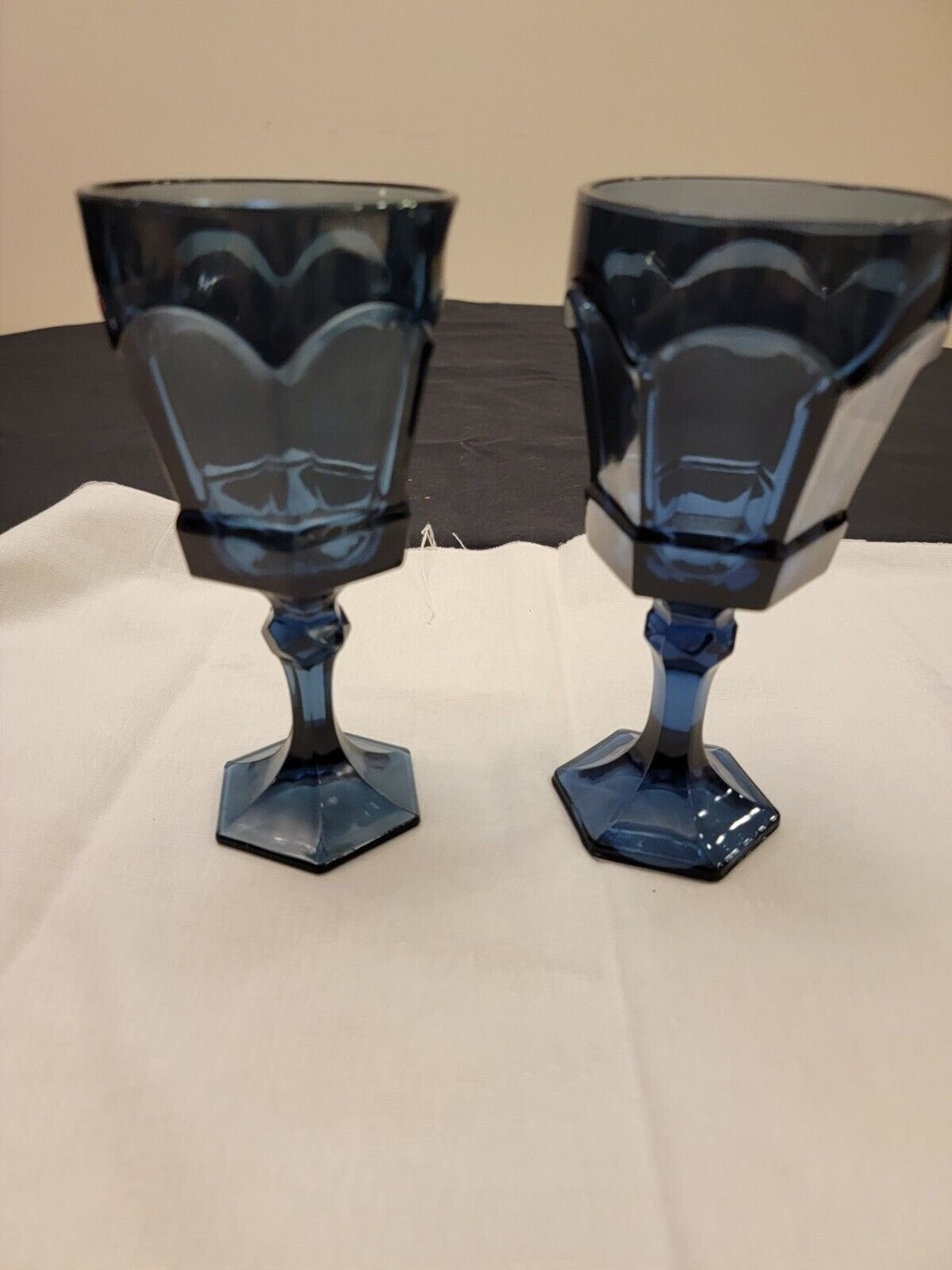 Set of (2) Vintage Fostoria Virginia Dark Blue Wine/Water Goblets - 7.25"