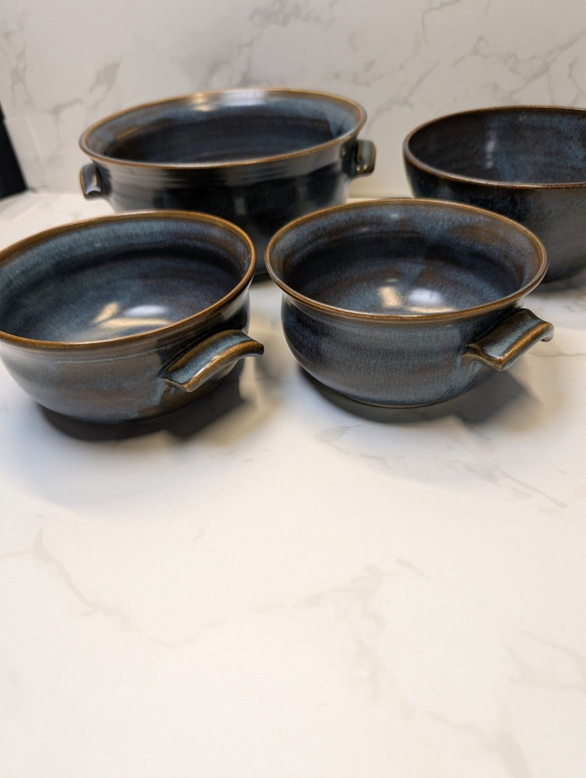 Signed B. Long Studio Pottery Blue Gray 5pc Set Hand Thrown Soup & Serving Bowls