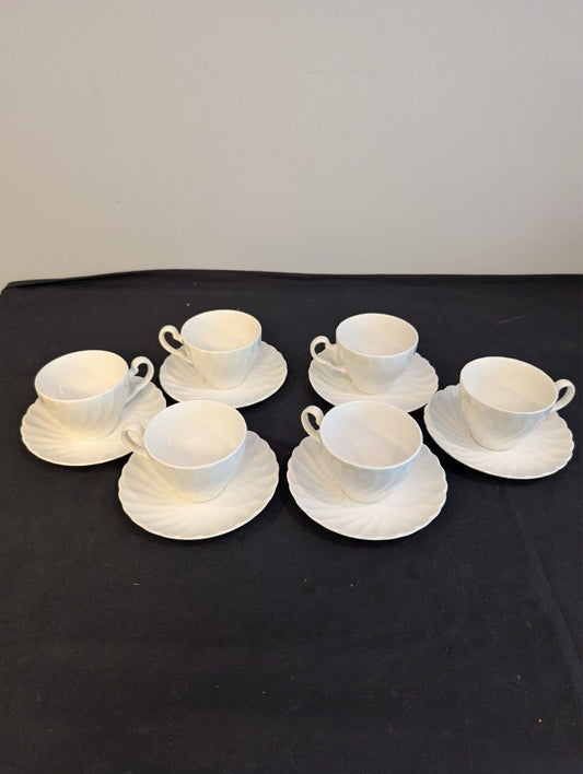 Johnson Brothers White Ironstone Teacups & Saucers Set of 6 Swirl Fluted England