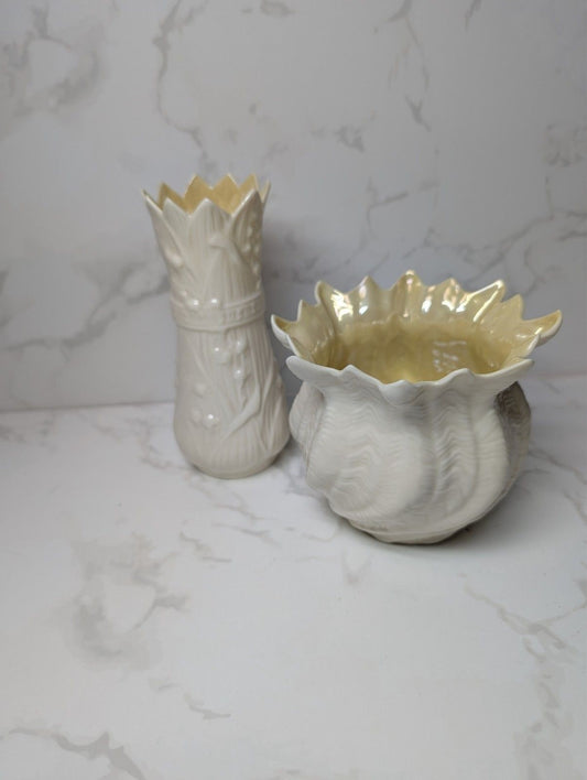 Belleek Ireland Lily of the Valley Vase & Neptune Shell Cachepot Planter Lot