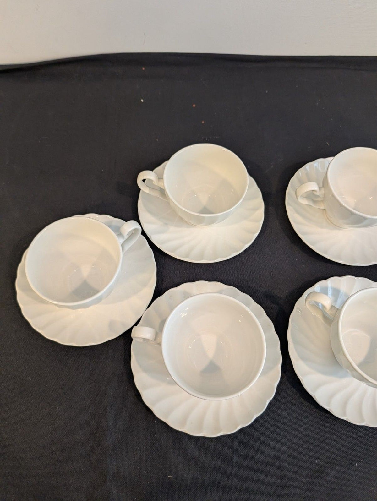 Johnson Brothers White Ironstone Teacups & Saucers Set of 6 Swirl Fluted England