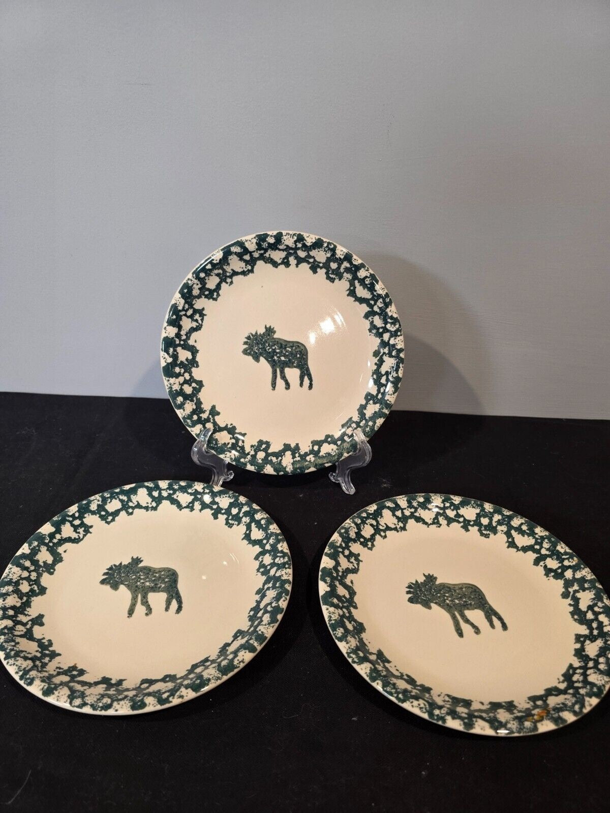 3 Tienshan Folk Craft Moose Country 7 3/4" Salad Plates Forest Green StoneWare