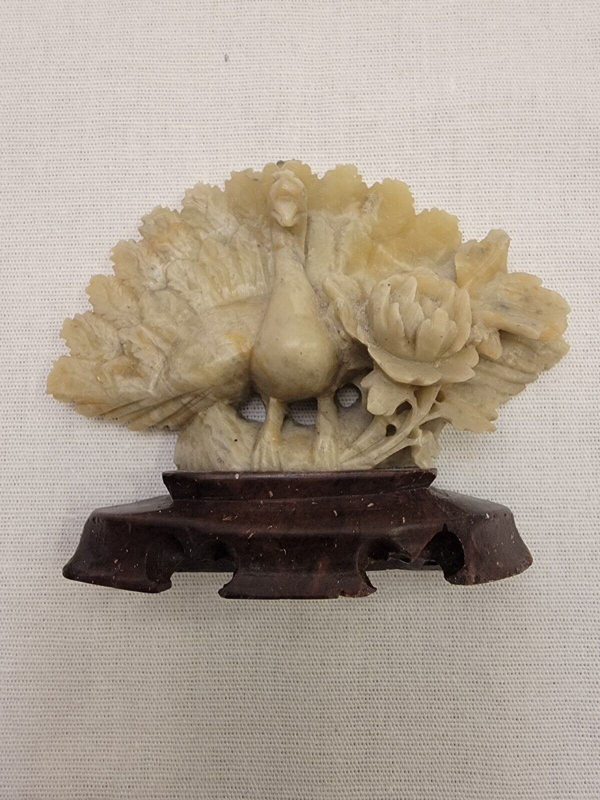 Vintage Chinese Intricate Carved Peacock an Flower  Soapstone Figurine