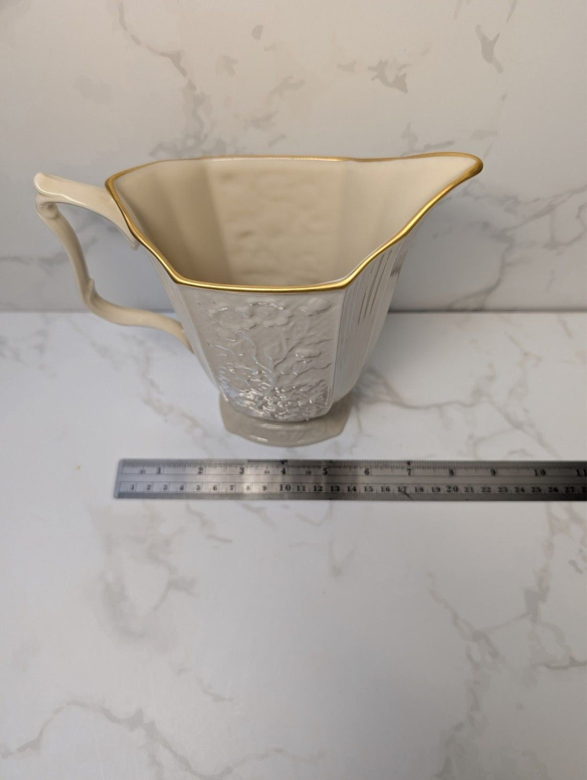 Lenox Ivory Gold Trim Small Pitcher 24 Oz USA Embossed Leaf Pattern