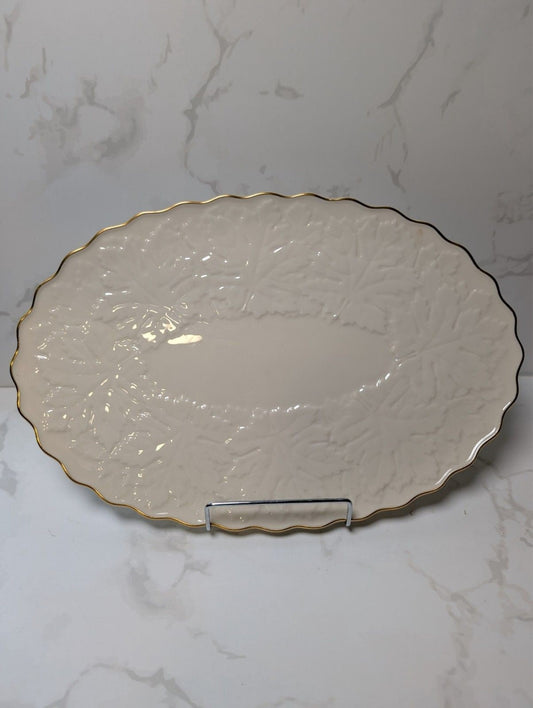 Lenox Maple Leaf Oval Serving Platter Ivory Embossed Gold Trim USA