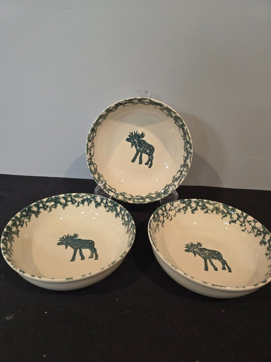 Set 3 Tienshan Folk Craft Moose Country Cereal/Soup Bowls Forest Green StoneWare