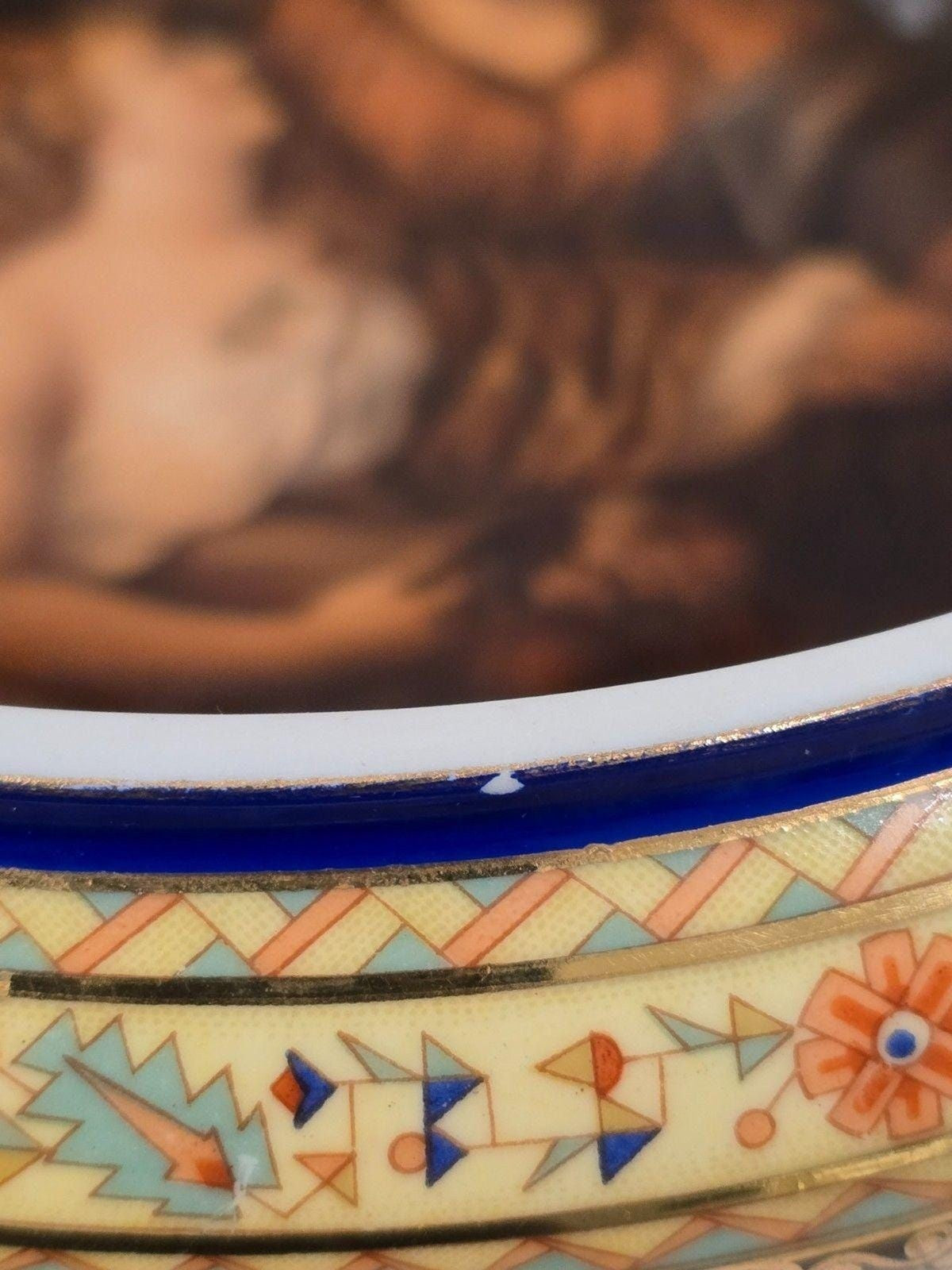 Vintage Carlsbad Fine Porcelain Dresser Box  Romantic Couple, Cobalt & Gilt