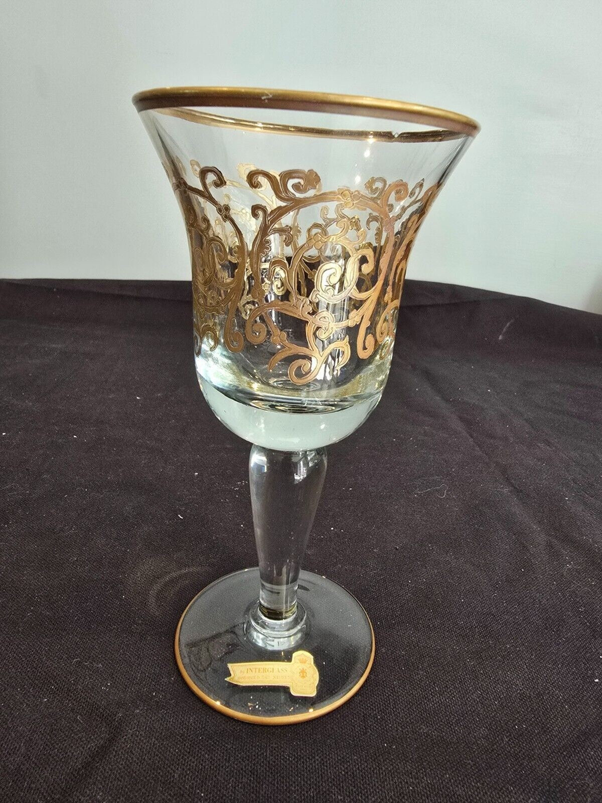 SET of 2 Interglass Italy Clear & Hand Painted 24K Gold Water/Wine Glasses