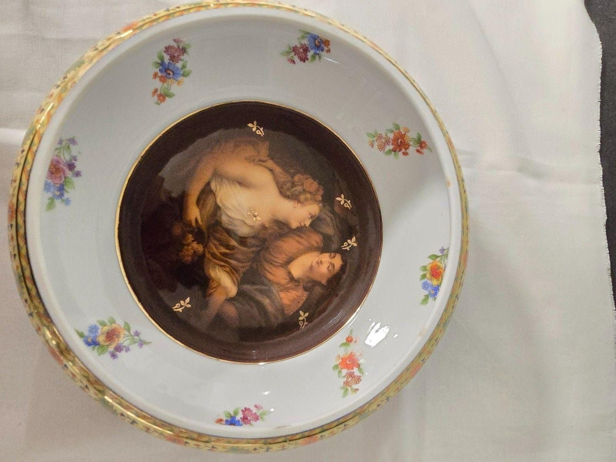 Vintage Carlsbad Fine Porcelain Dresser Box  Romantic Couple, Cobalt & Gilt