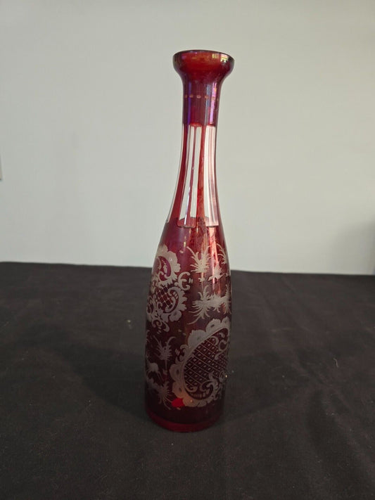 Bohemian Czech Ruby Red Hand Blown Cut to Clear Egermann-style Decanter w/ Label