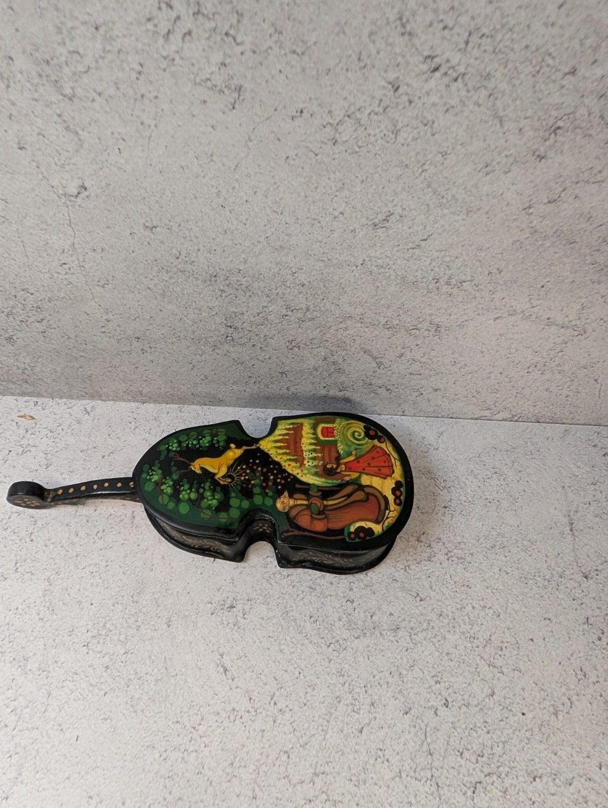 Vintage Hand-Painted Russian Lacquer Box Violin Shape Folk Tale Scene