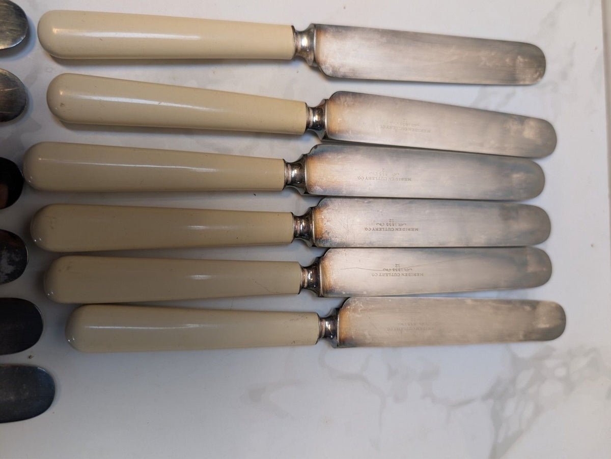 Antique Meriden Cutlery Celluloid Patent Ivory Dessert Knives Boxed 12